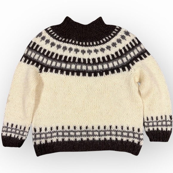 Vintage Icelandic Lopapeysa Wool Sweater Álafoss Lopi Yoke Cream Brown M - Picture 6 of 9